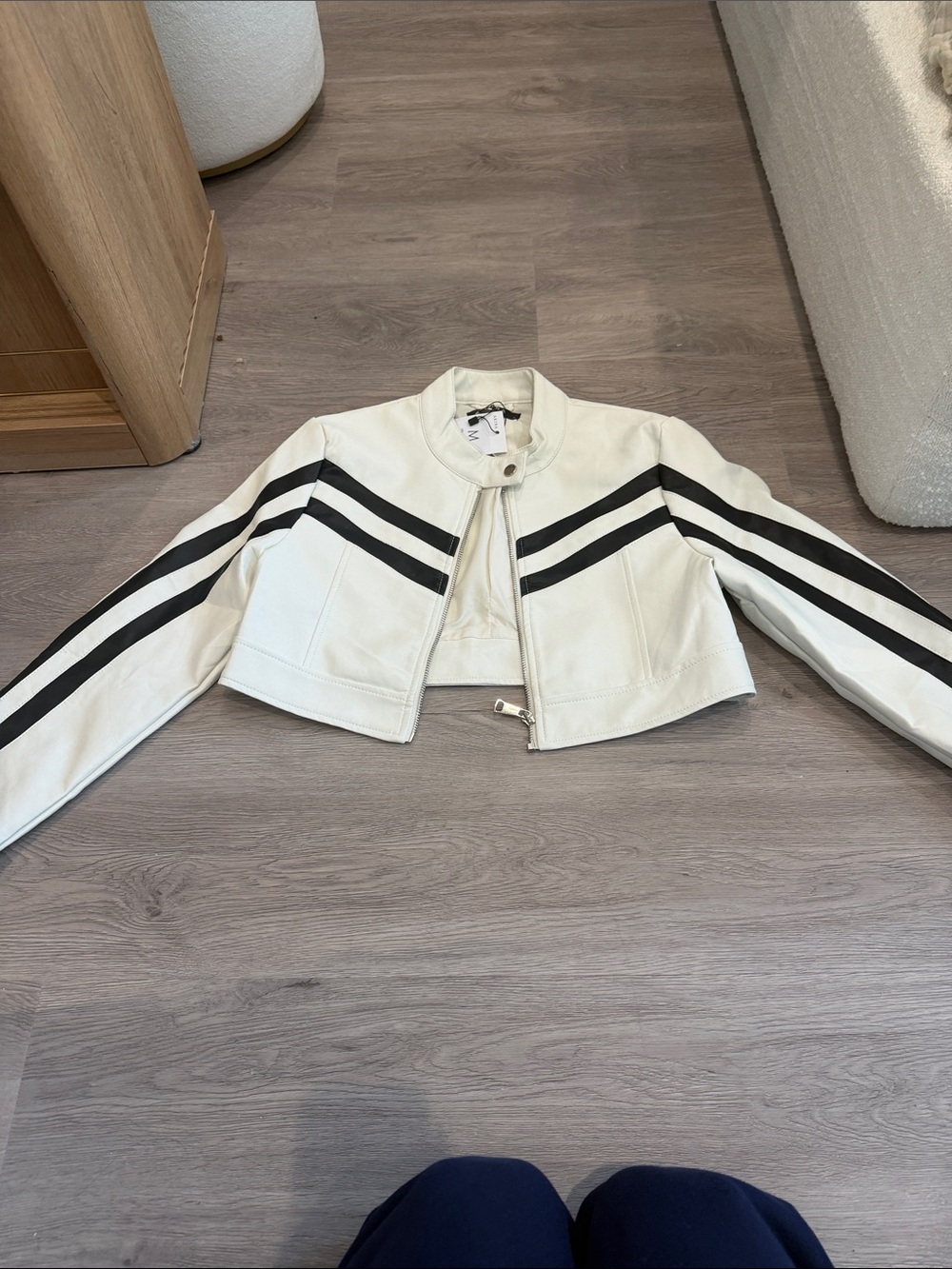 AKIRA White Cropped Leather Jacket with Black Racing Stripes